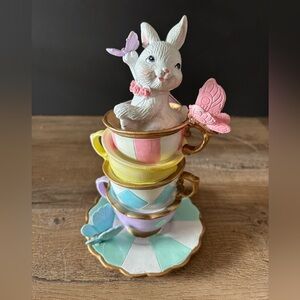 Whimsical Rabbit and Butterfly in Teacup Decor